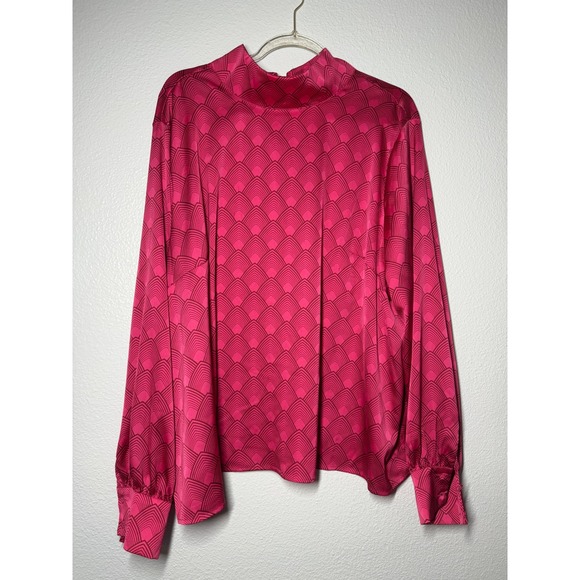 Worthington Tops - Worthington Pink Art Deco Geometric Bow Tie Blouse Mock Neck Satin Top 2X